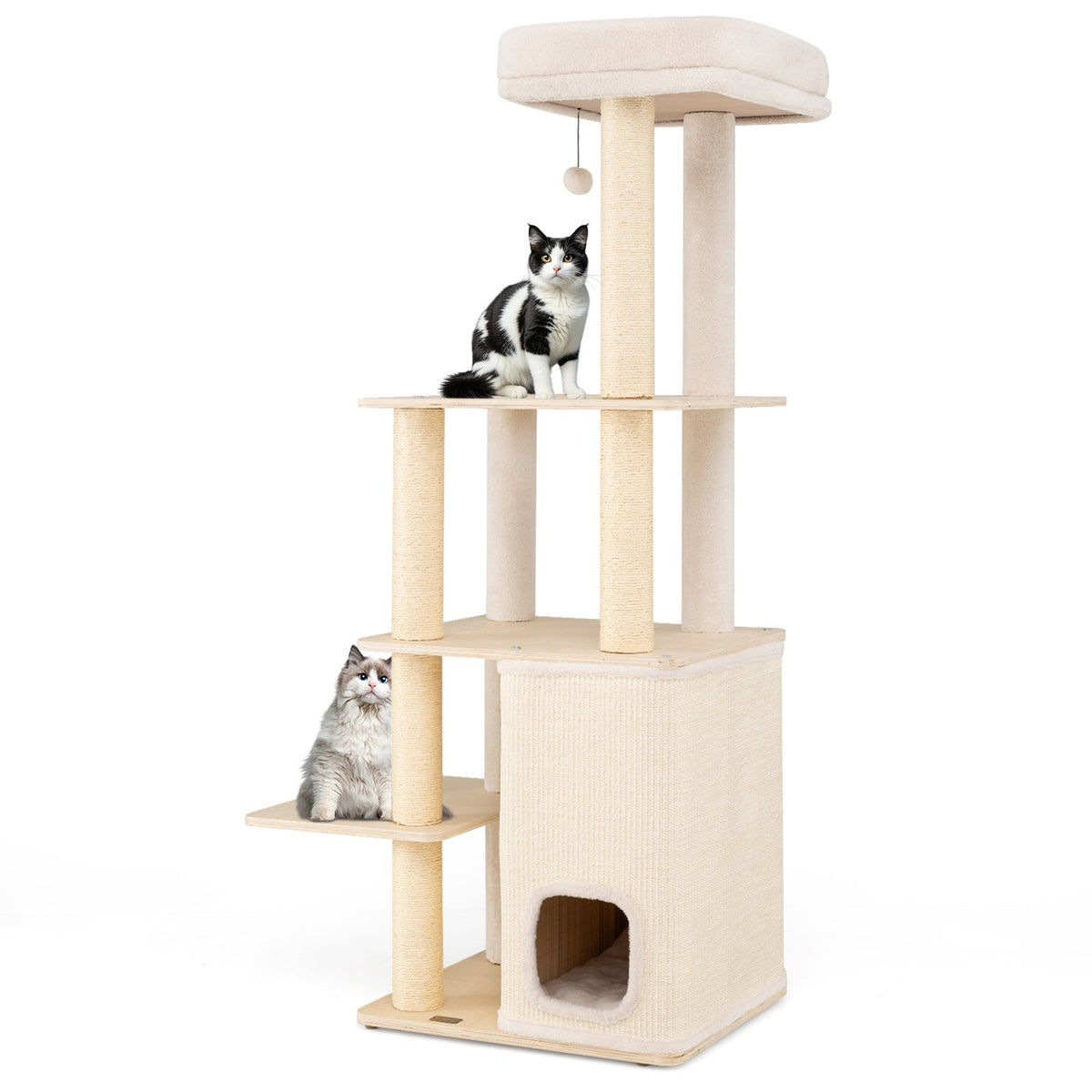 63 Inch Tall Wooden Cat Tree with 2-Story Condo and Plush Padded Top Perch-Natural view 4