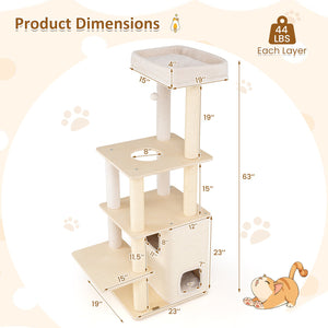 63 Inch Tall Wooden Cat Tree with 2-Story Condo and Plush Padded Top Perch-Natural view 5
