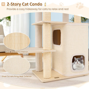 63 Inch Tall Wooden Cat Tree with 2-Story Condo and Plush Padded Top Perch-Natural view 6