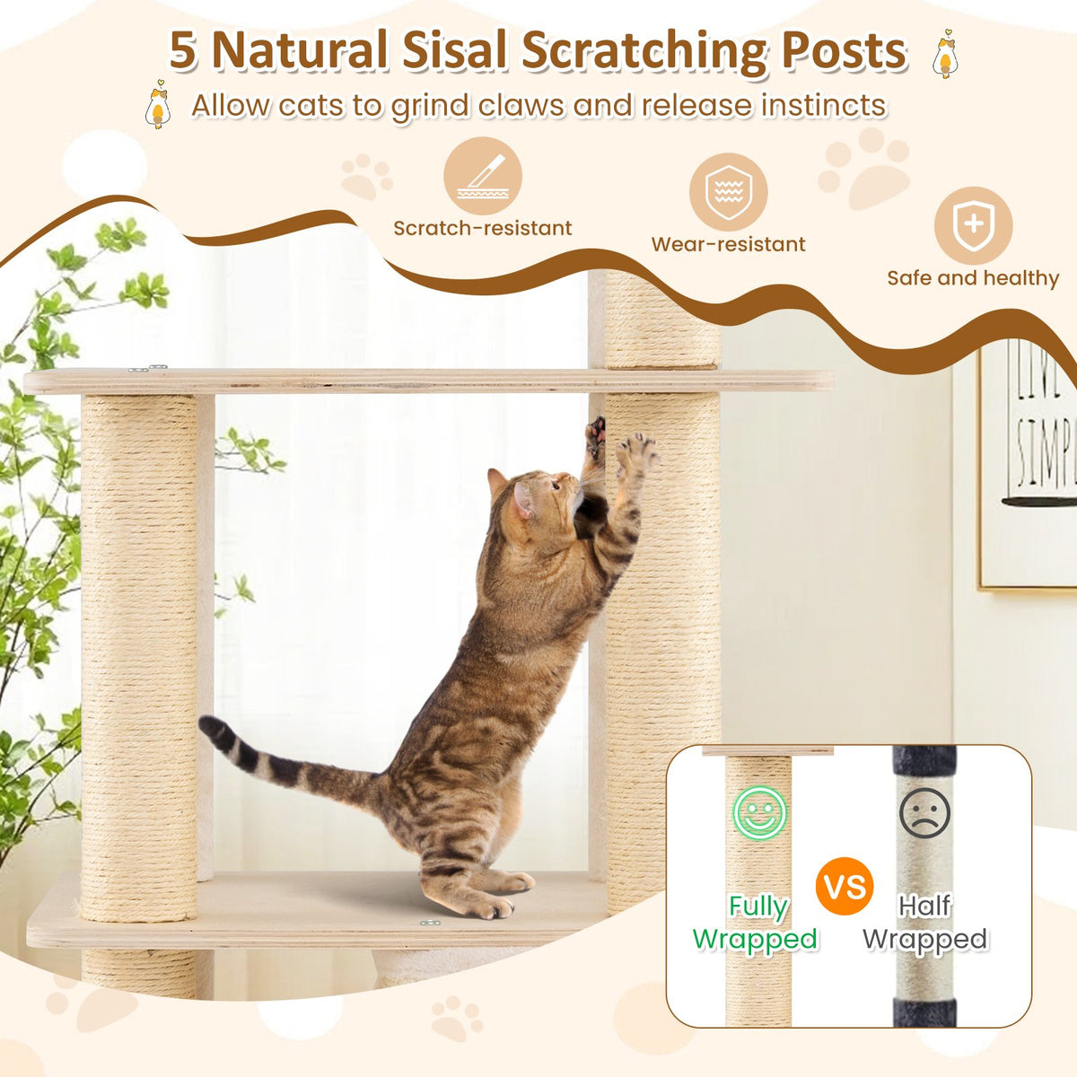 63 Inch Tall Wooden Cat Tree with 2-Story Condo and Plush Padded Top Perch-Natural view 8