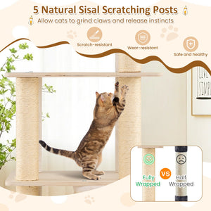 63 Inch Tall Wooden Cat Tree with 2-Story Condo and Plush Padded Top Perch-Natural view 8