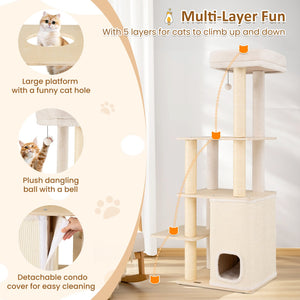63 Inch Tall Wooden Cat Tree with 2-Story Condo and Plush Padded Top Perch-Natural view 9