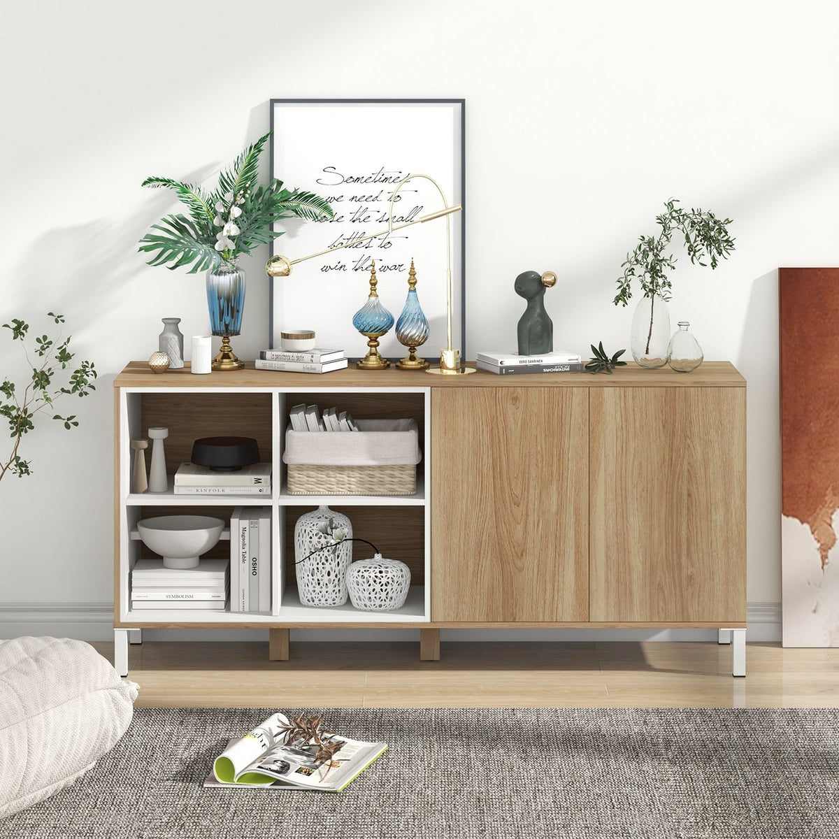 63 Inches Buffet Sideboard with 4 Compartments and Push-to-Open Cabinet-Natural view 3