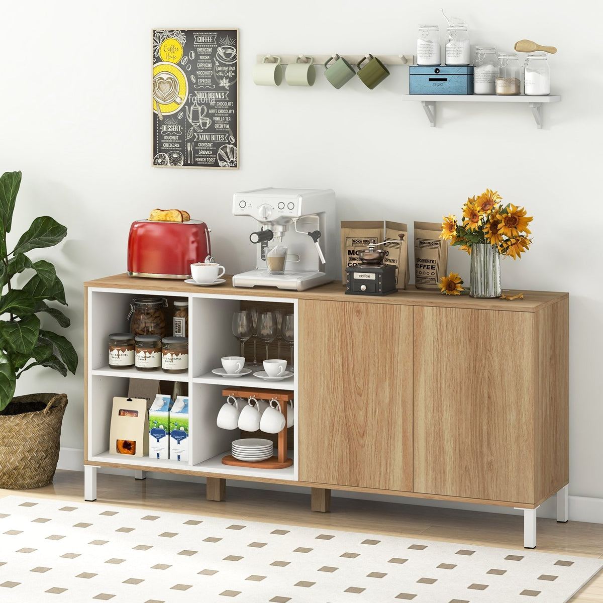 63 Inches Buffet Sideboard with 4 Compartments and Push-to-Open Cabinet-Natural view 5