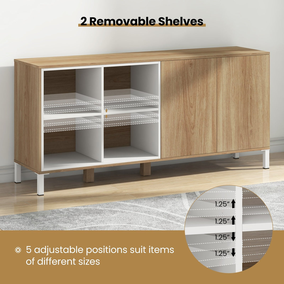 63 Inches Buffet Sideboard with 4 Compartments and Push-to-Open Cabinet-Natural view 7