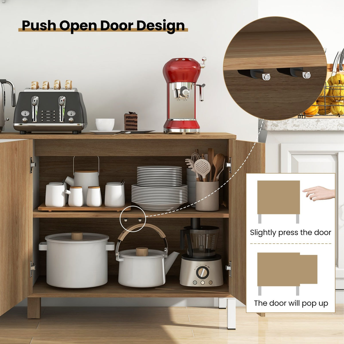 63 Inches Buffet Sideboard with 4 Compartments and Push-to-Open Cabinet-Natural view 8