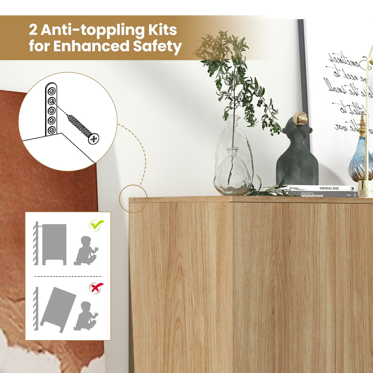 63 Inches Buffet Sideboard with 4 Compartments and Push-to-Open Cabinet-Natural view 9