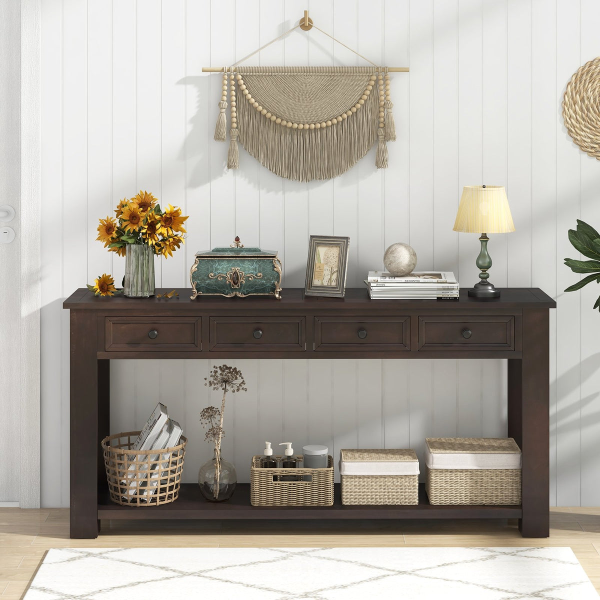 63 Inches Farmhouse Entryway Table with 4 Storage Drawers and Open Shelf-Espresso view 2