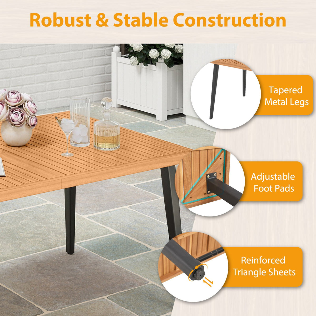 63 Inches Outdoor Indoor Dining Table with 1.97 Inches Umbrella Hole and Metal Legs view 6