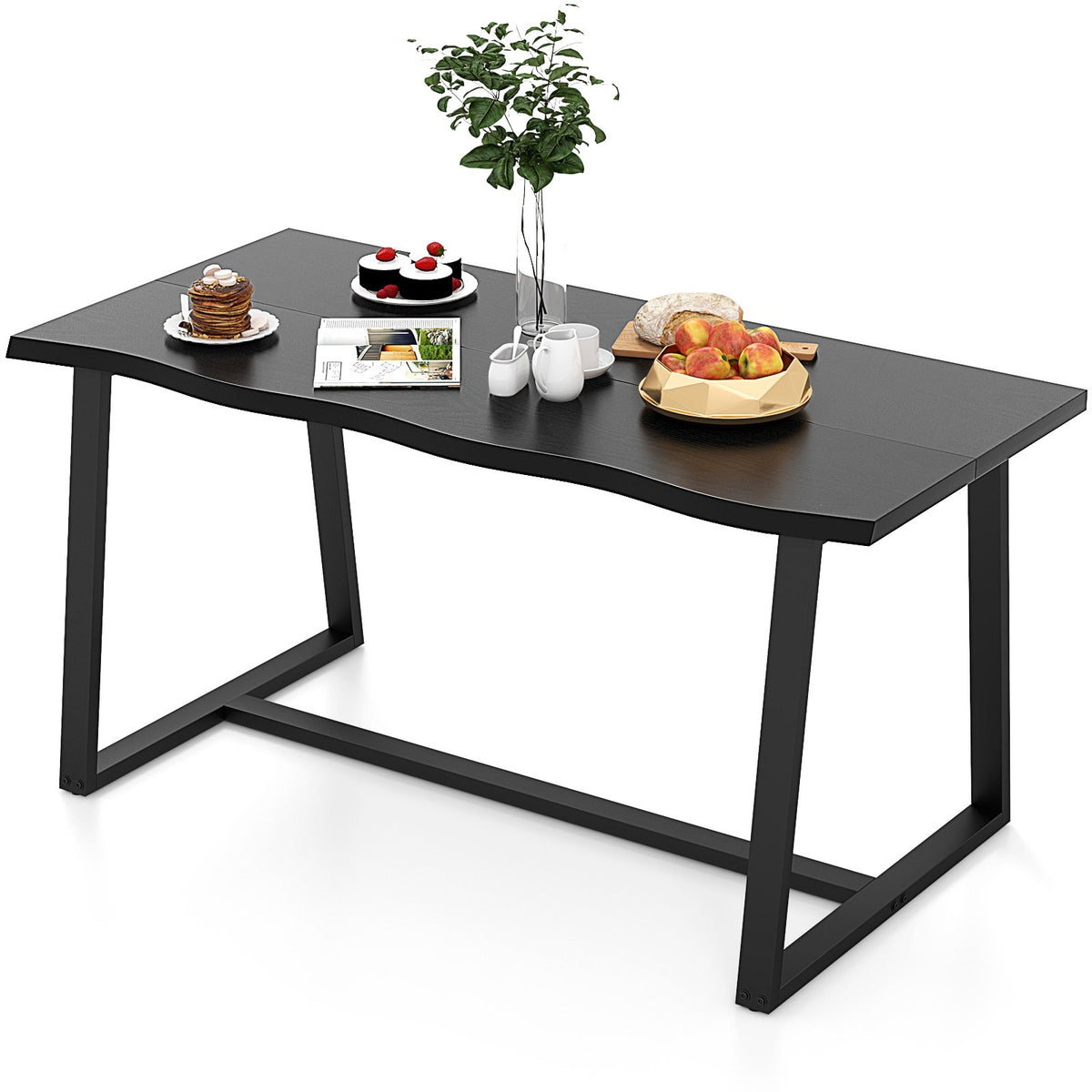 63 inches Large Dining Table with Wavy Edge and Heavy-duty Metal Frame-Black