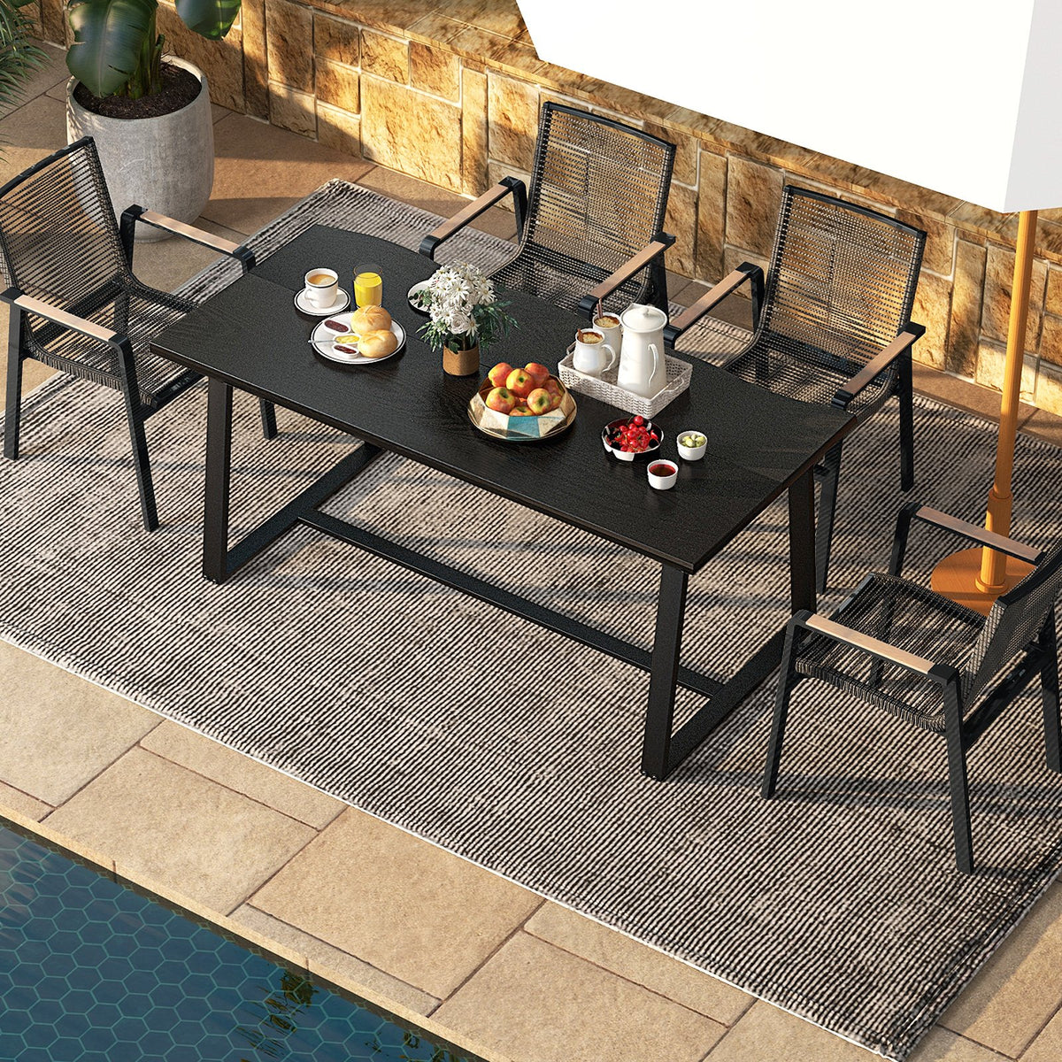 63 inches Large Dining Table with Wavy Edge and Heavy-duty Metal Frame-Black view 3