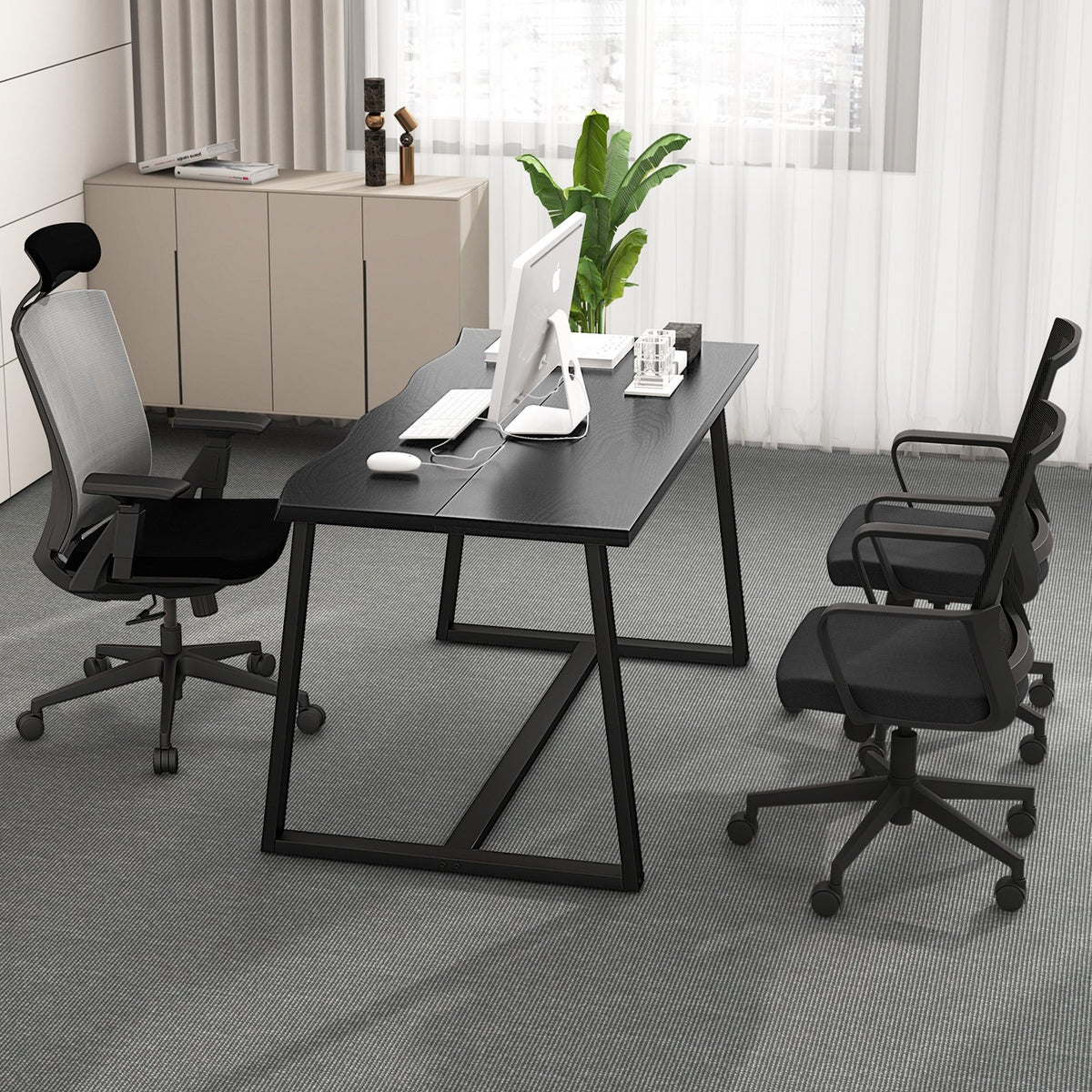 63 inches Large Dining Table with Wavy Edge and Heavy-duty Metal Frame-Black view 6