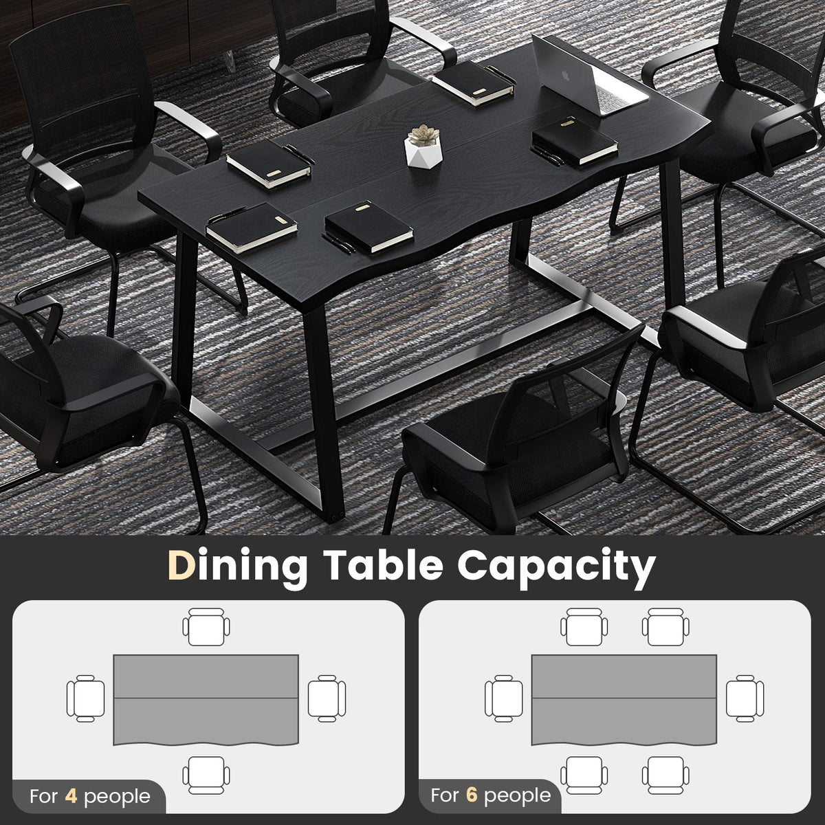 63 inches Large Dining Table with Wavy Edge and Heavy-duty Metal Frame-Black view 8