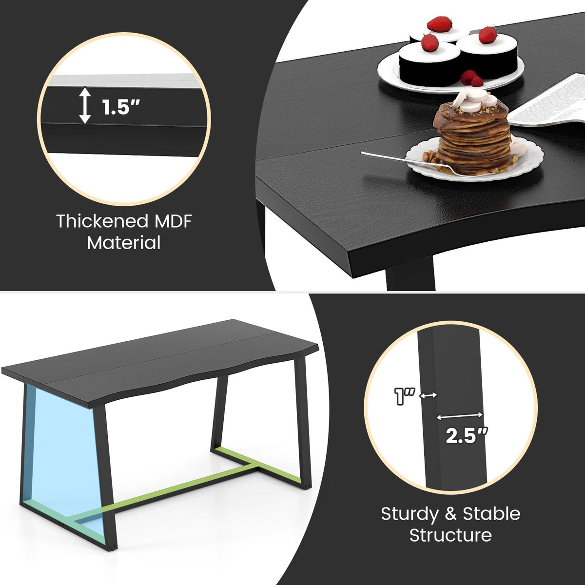 63 inches Large Dining Table with Wavy Edge and Heavy-duty Metal Frame-Black view 9