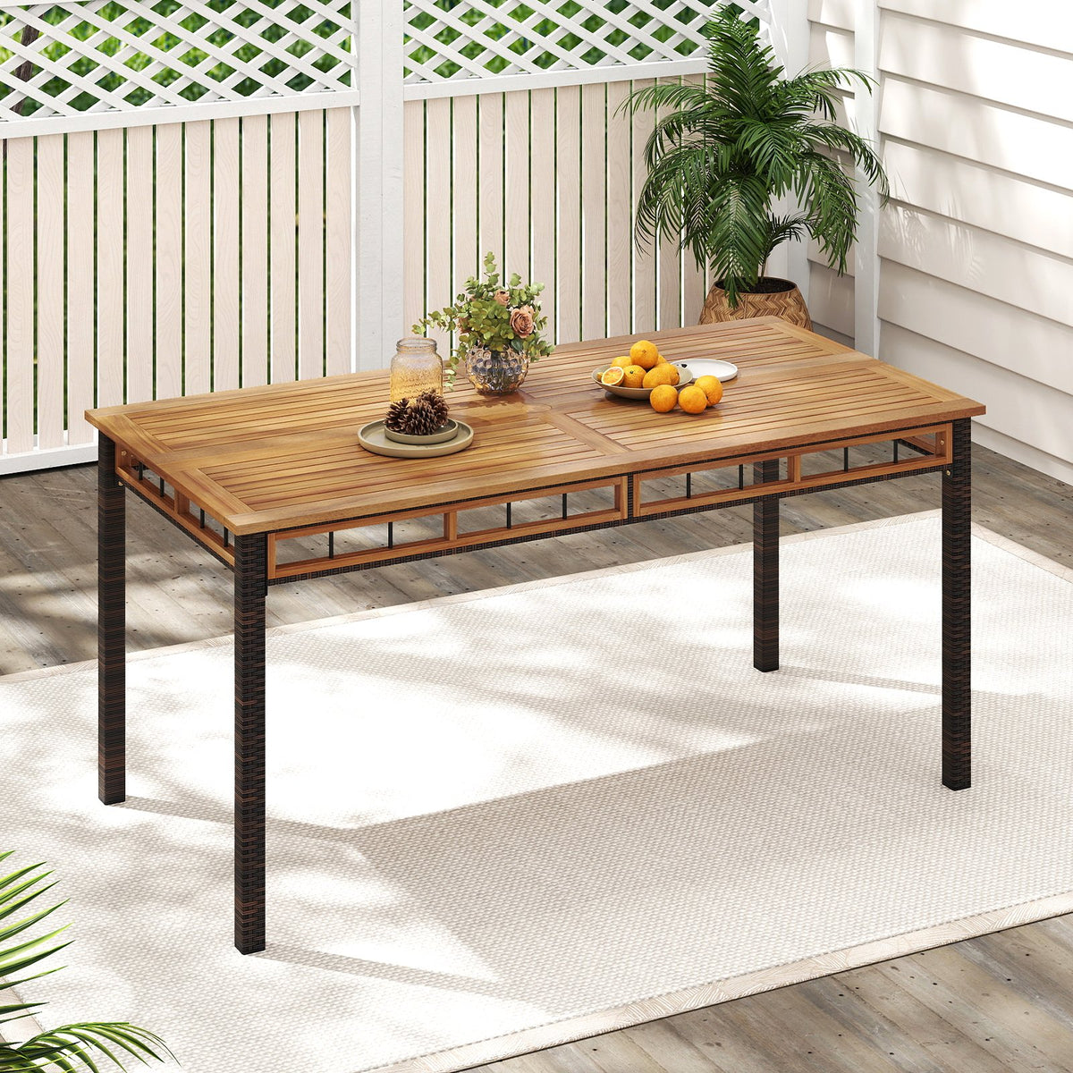 63 inches Outdoor Dining Table with Acacia Wood Slatted Tabletop view 2