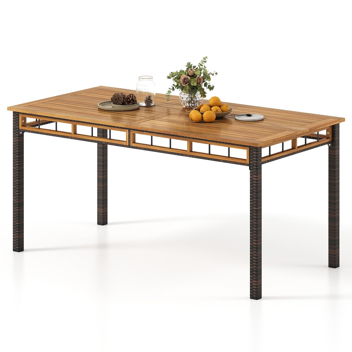 63 inches Outdoor Dining Table with Acacia Wood Slatted Tabletop view 4