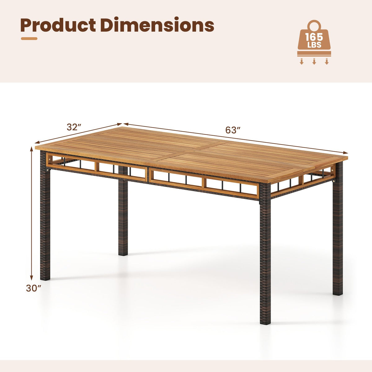 63 inches Outdoor Dining Table with Acacia Wood Slatted Tabletop view 5