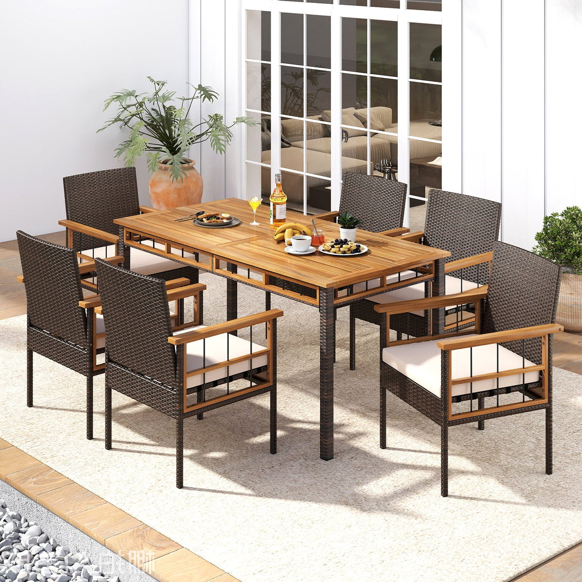 63 inches Outdoor Dining Table with Acacia Wood Slatted Tabletop view 6