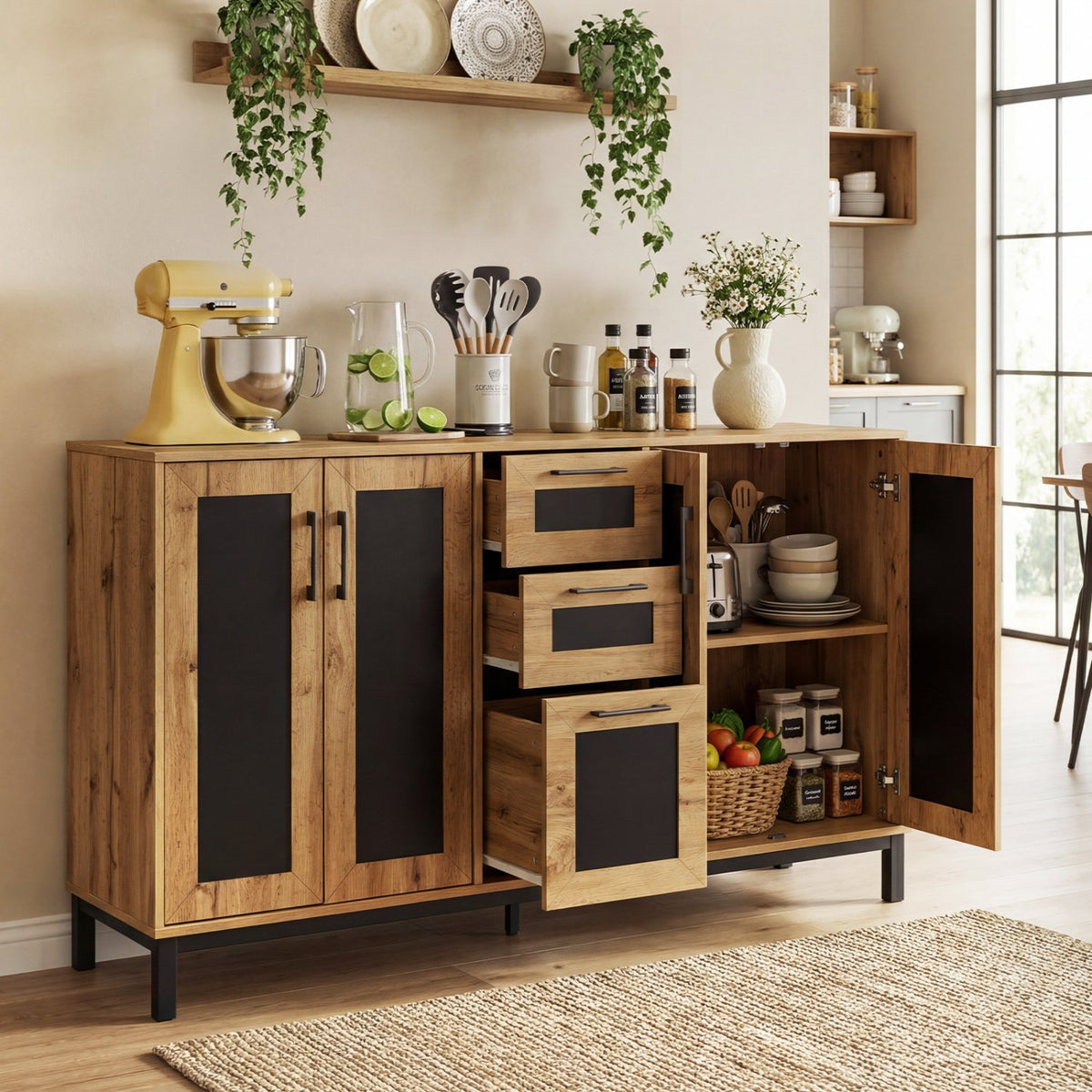 63 inches Sideboard Buffet Cabinet with 3 Drawers and Storage Shelves-Natural view 2