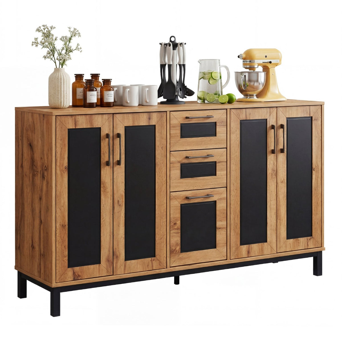 63 inches Sideboard Buffet Cabinet with 3 Drawers and Storage Shelves-Natural view 4