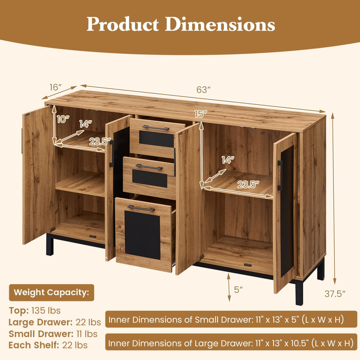 63 inches Sideboard Buffet Cabinet with 3 Drawers and Storage Shelves-Natural view 5