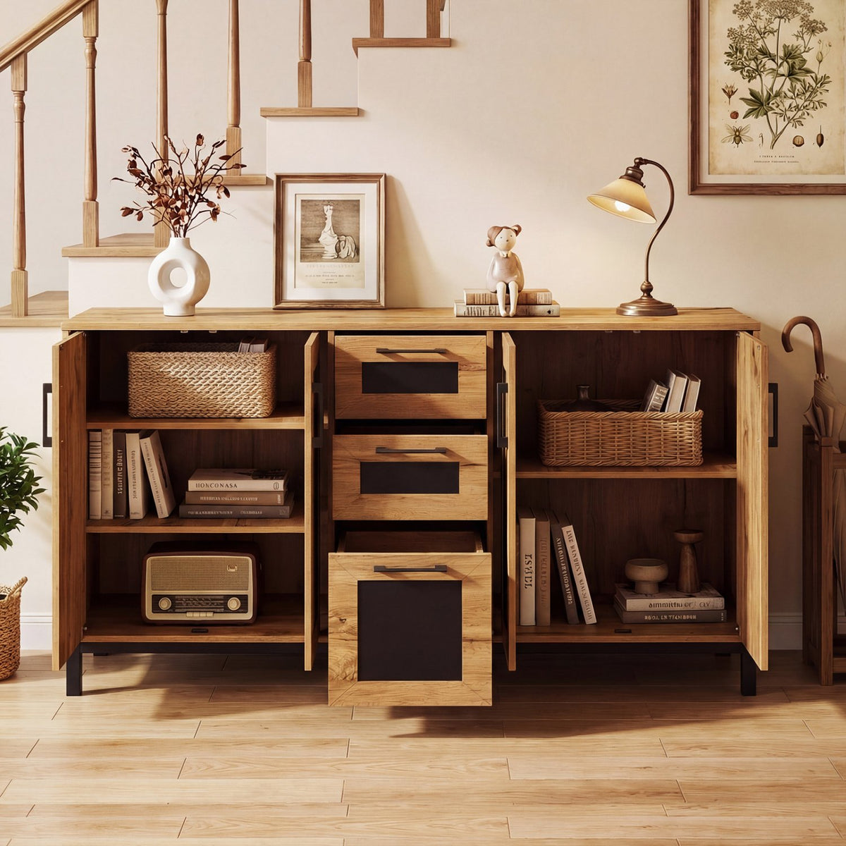 63 inches Sideboard Buffet Cabinet with 3 Drawers and Storage Shelves-Natural view 6