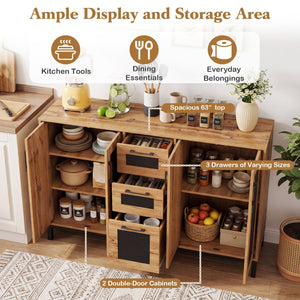 63 inches Sideboard Buffet Cabinet with 3 Drawers and Storage Shelves-Natural view 7