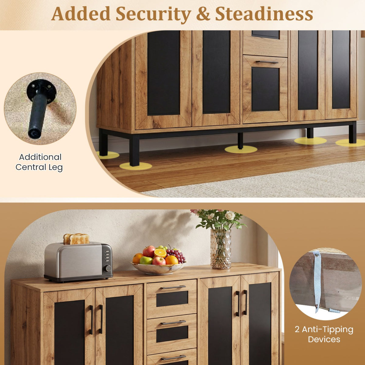 63 inches Sideboard Buffet Cabinet with 3 Drawers and Storage Shelves-Natural view 8