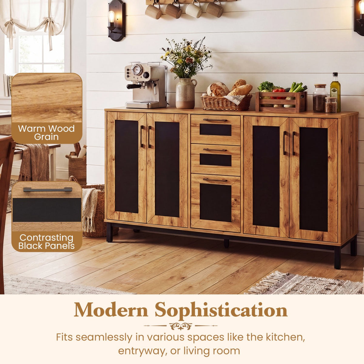 63 inches Sideboard Buffet Cabinet with 3 Drawers and Storage Shelves-Natural view 9
