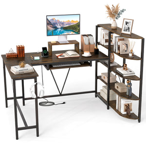 63 inches U-shaped Computer Desk with Power Outlets 5-Tier Bookshelf and Keyboard Tray-Rustic Brown