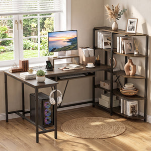 63 inches U-shaped Computer Desk with Power Outlets 5-Tier Bookshelf and Keyboard Tray-Rustic Brown view 2