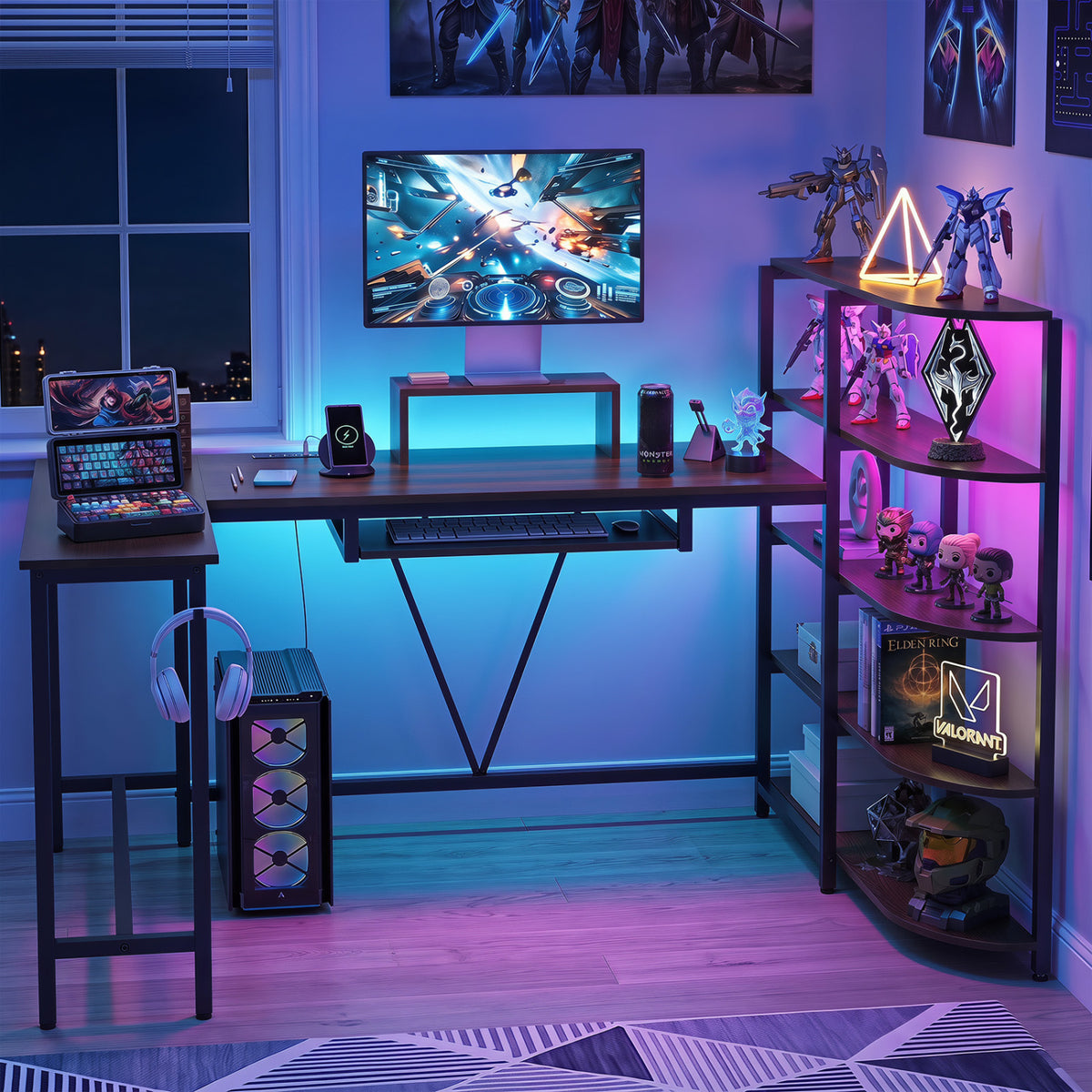63 inches U-shaped Computer Desk with Power Outlets 5-Tier Bookshelf and Keyboard Tray-Rustic Brown view 3