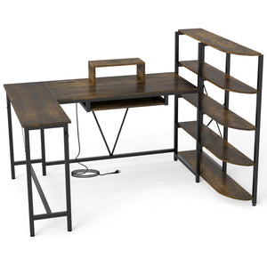 63 inches U-shaped Computer Desk with Power Outlets 5-Tier Bookshelf and Keyboard Tray-Rustic Brown view 4