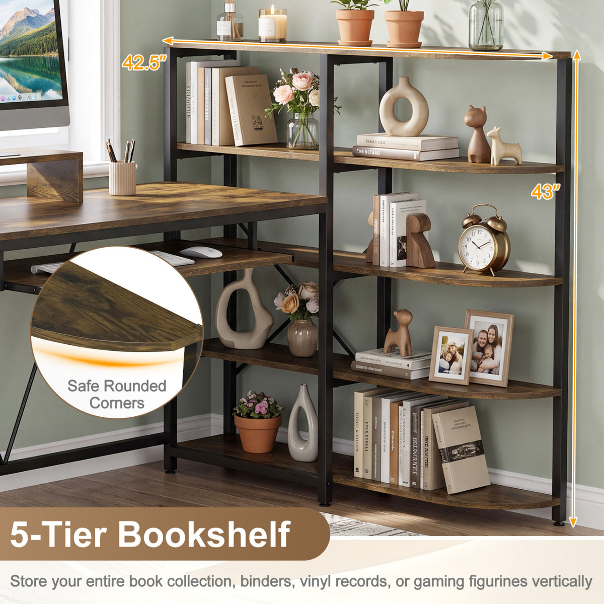63 inches U-shaped Computer Desk with Power Outlets 5-Tier Bookshelf and Keyboard Tray-Rustic Brown view 8