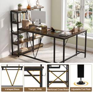 63 inches U-shaped Computer Desk with Power Outlets 5-Tier Bookshelf and Keyboard Tray-Rustic Brown view 9