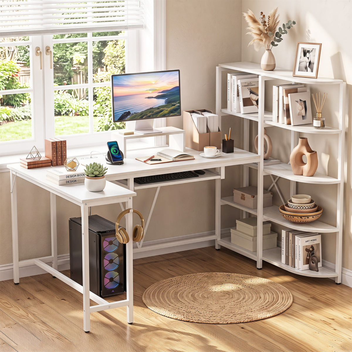 63 inches U-shaped Computer Desk with Power Outlets 5-Tier Bookshelf and Keyboard Tray-White view 2
