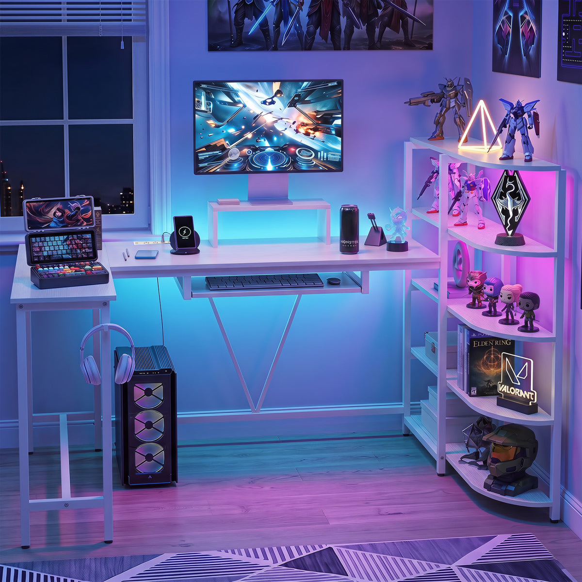 63 inches U-shaped Computer Desk with Power Outlets 5-Tier Bookshelf and Keyboard Tray-White view 3
