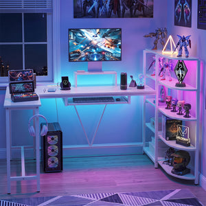 63 inches U-shaped Computer Desk with Power Outlets 5-Tier Bookshelf and Keyboard Tray-White view 3