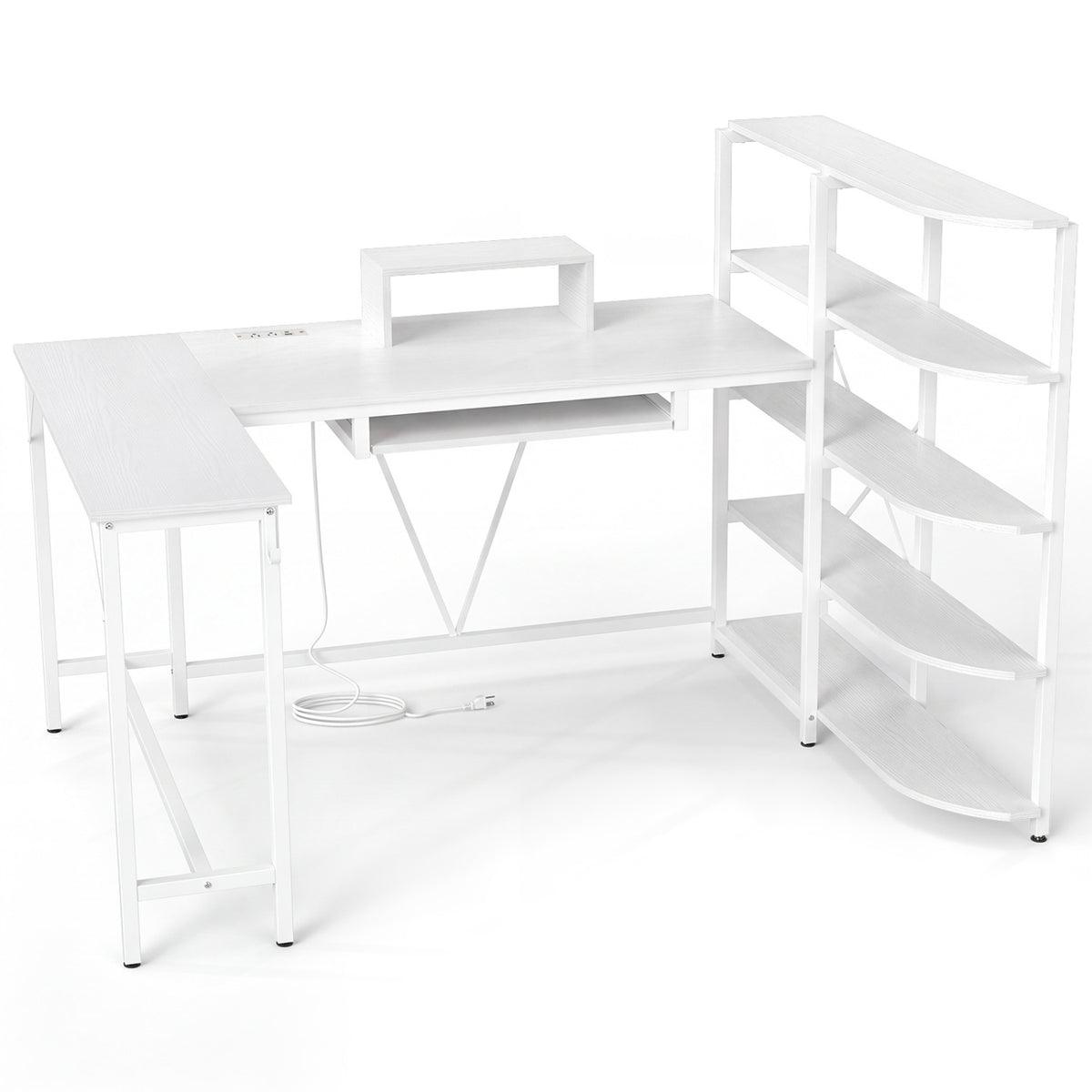 63 inches U-shaped Computer Desk with Power Outlets 5-Tier Bookshelf and Keyboard Tray-White view 4