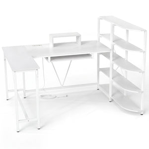 63 inches U-shaped Computer Desk with Power Outlets 5-Tier Bookshelf and Keyboard Tray-White view 4