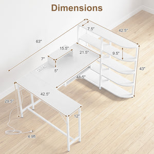 63 inches U-shaped Computer Desk with Power Outlets 5-Tier Bookshelf and Keyboard Tray-White view 5