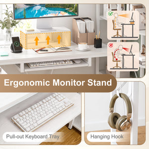 63 inches U-shaped Computer Desk with Power Outlets 5-Tier Bookshelf and Keyboard Tray-White view 7