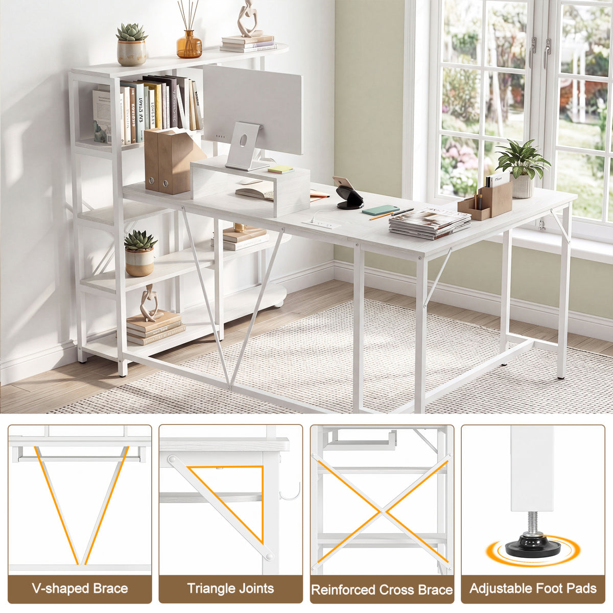 63 inches U-shaped Computer Desk with Power Outlets 5-Tier Bookshelf and Keyboard Tray-White view 9