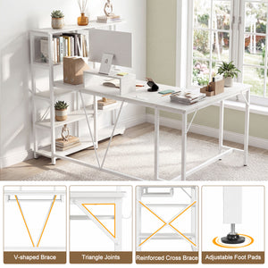 63 inches U-shaped Computer Desk with Power Outlets 5-Tier Bookshelf and Keyboard Tray-White view 9