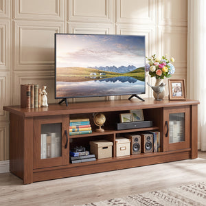 63” Wooden Farmhouse TV Stand for 70 inches TVs with 2 Fluted Doors and 3 Open Compartments-Brown view 2