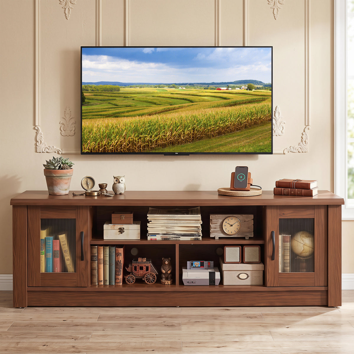 63” Wooden Farmhouse TV Stand for 70 inches TVs with 2 Fluted Doors and 3 Open Compartments-Brown view 3