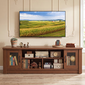 63” Wooden Farmhouse TV Stand for 70 inches TVs with 2 Fluted Doors and 3 Open Compartments-Brown view 3