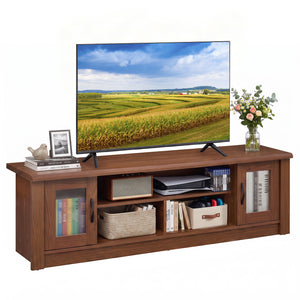 63” Wooden Farmhouse TV Stand for 70 inches TVs with 2 Fluted Doors and 3 Open Compartments-Brown view 4