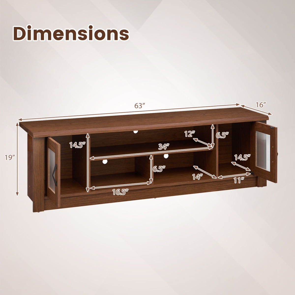 63” Wooden Farmhouse TV Stand for 70 inches TVs with 2 Fluted Doors and 3 Open Compartments-Brown view 5