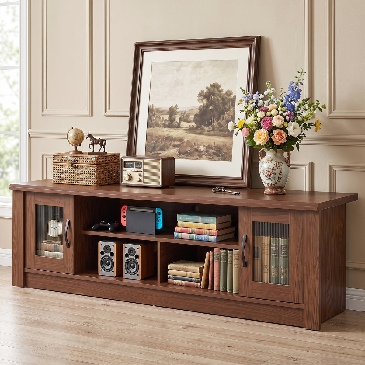 63” Wooden Farmhouse TV Stand for 70 inches TVs with 2 Fluted Doors and 3 Open Compartments-Brown view 6